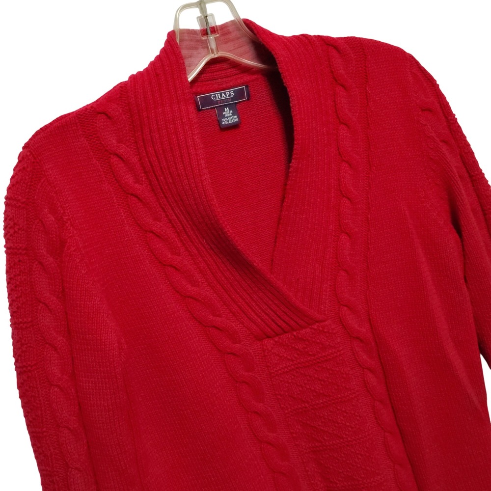Chaps Denim Women's Red Cable Knit V Neck Sweater‎ Size Medium Cotton Acrylic